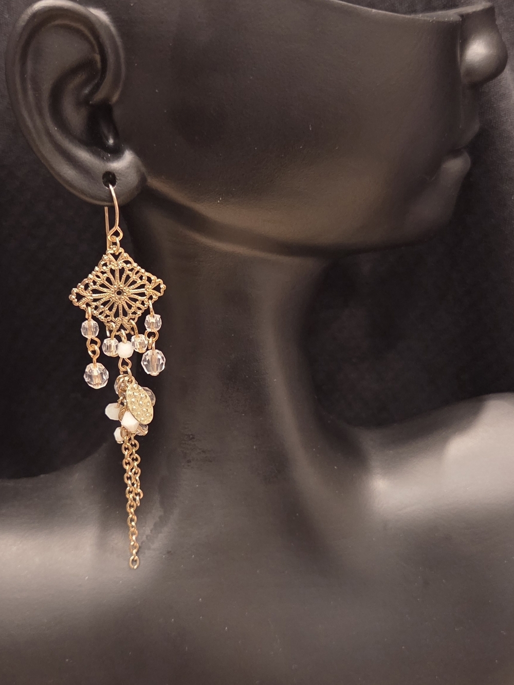 Gold Filigree Dangle Earrings with Crystal Accents - Women Jewelry